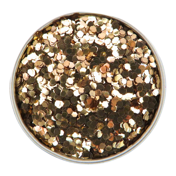 Rose gold chunky eco friendly cosmetic grade glitter in a round aluminium tin.