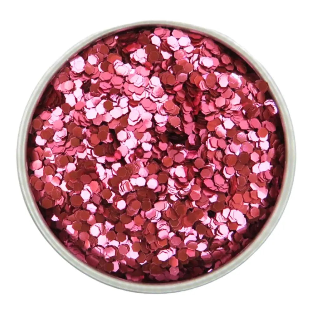 Rose pink chunky eco friendly glitter in a round tin.