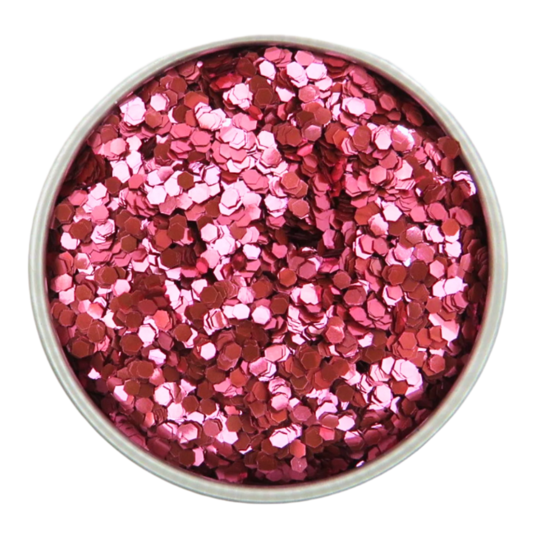 Rose pink chunky eco friendly glitter in a round tin.