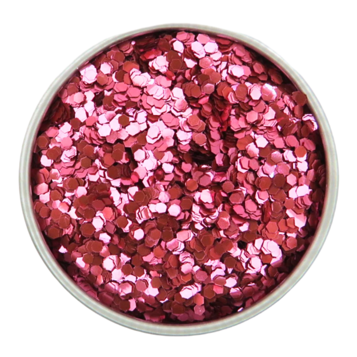 Rose pink chunky eco friendly glitter in a round tin.