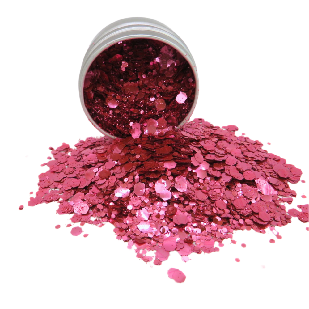 Rose pink blend of fine, chunky and super chunky biodegradable glitter.