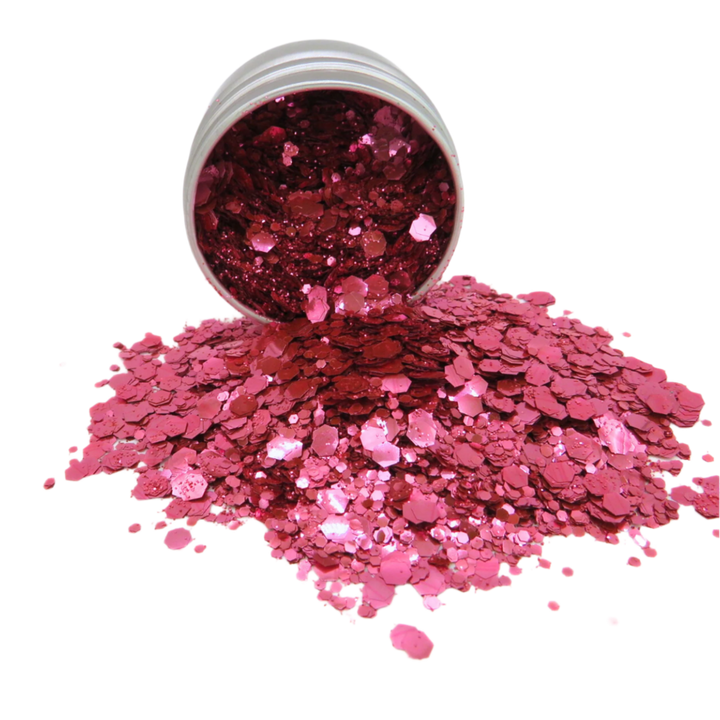 Rose pink blend of fine, chunky and super chunky biodegradable glitter.