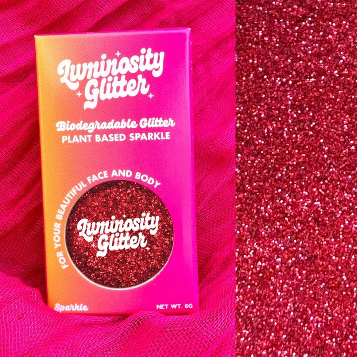 Ruby red medium cosmetic glitter in a fun recyclable box.