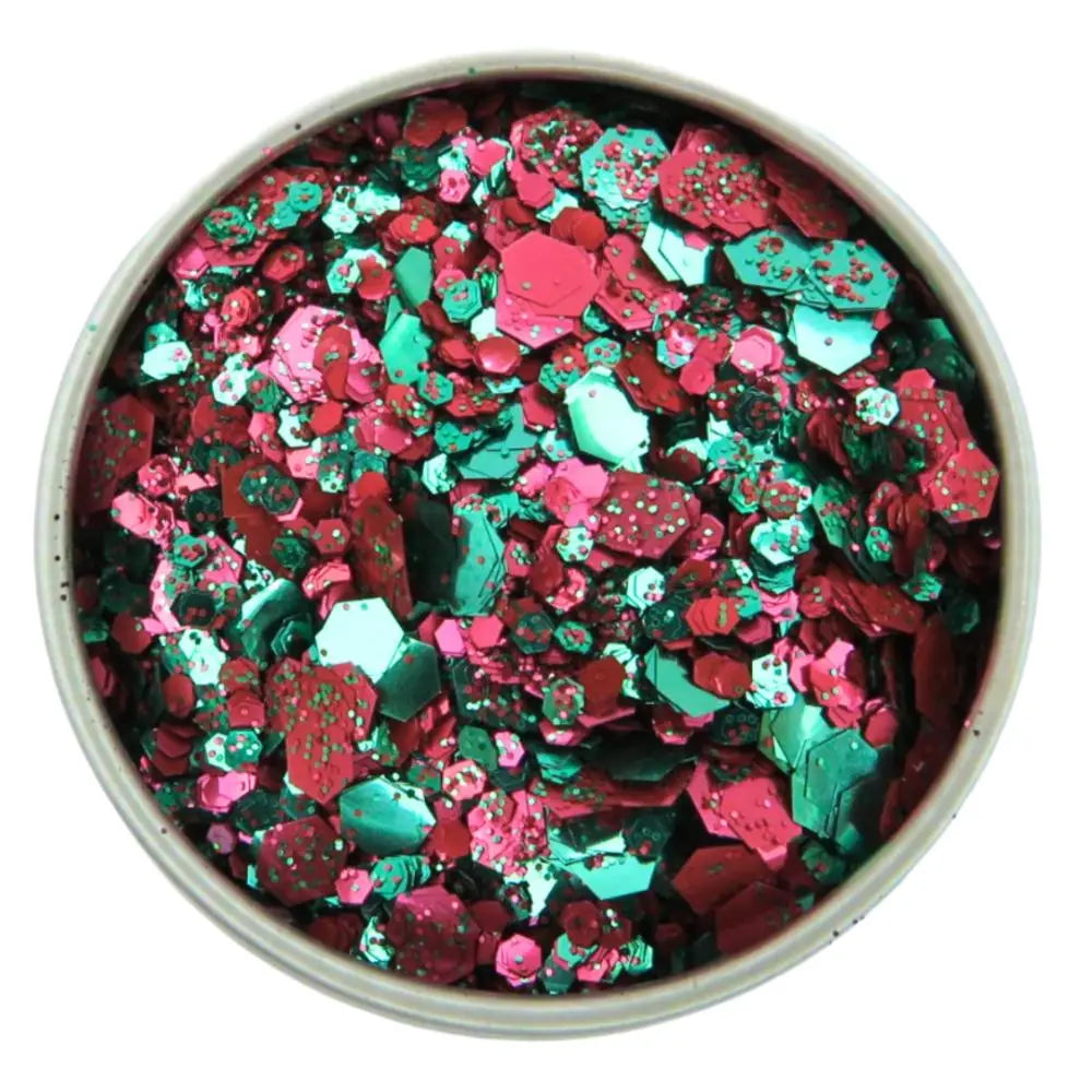 Santa baby blend of green and red eco friendly glitter in fine, chunky and super chunky sizing. Glitter for your face, body, hair and nails.