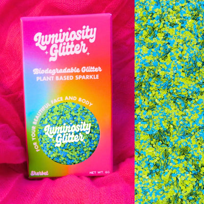 Sea turtle blend of neon green and blue eco friendly cosmetic grade glitter in a bright rainbow ombre box.