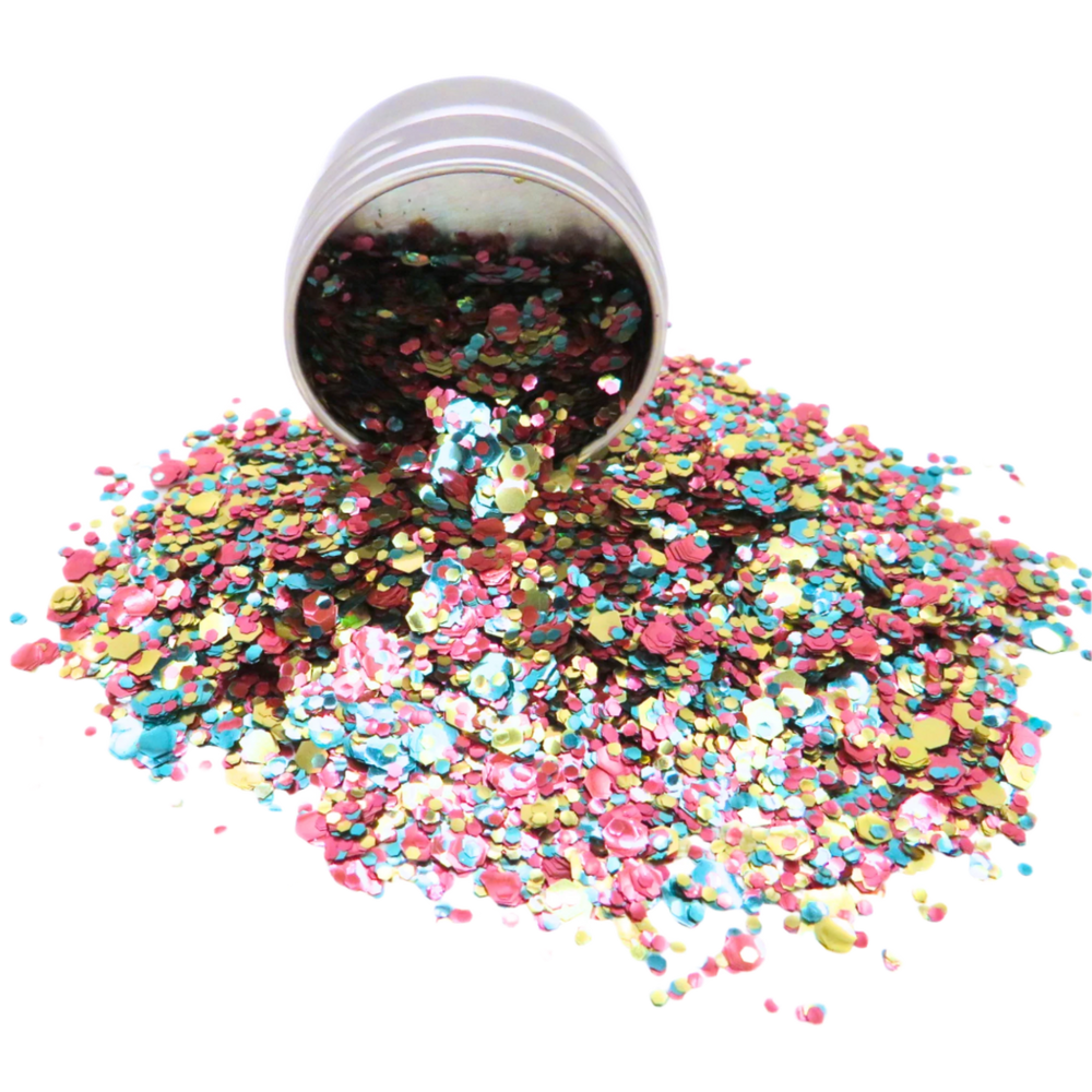 Pansexual secret garden eco glitter mix is a blend of rose pink, gold and turquoise biodegradable glitter.