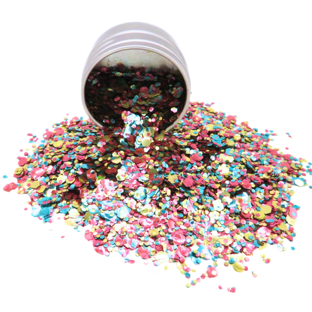 Pansexual secret garden eco glitter mix is a blend of rose pink, gold and turquoise biodegradable glitter.