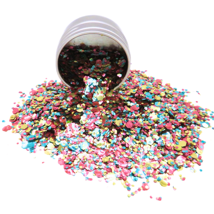 Pansexual secret garden eco glitter mix is a blend of rose pink, gold and turquoise biodegradable glitter.