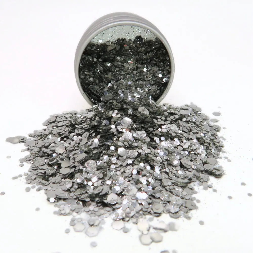 Silver biodegradable glitter blend in a 6 gram aluminium tin.