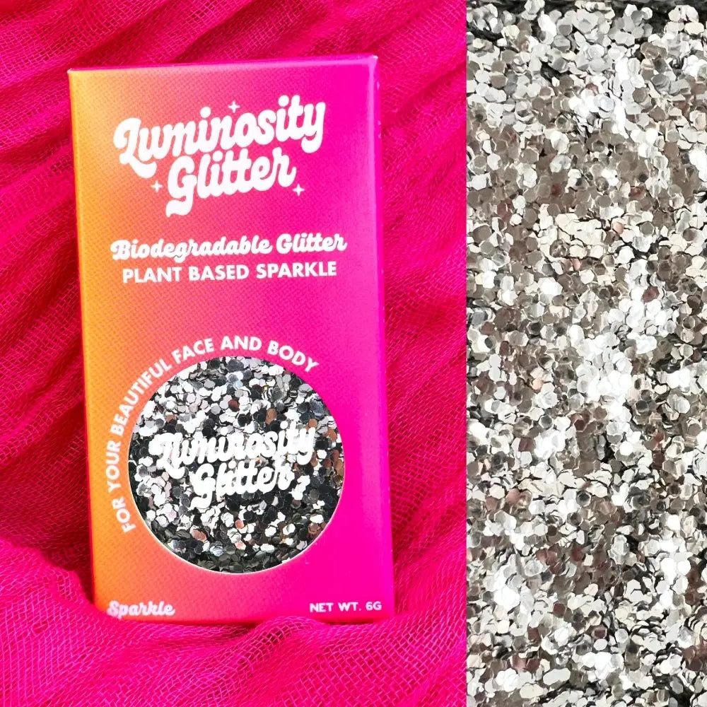 Silver chunky biodegradable glitter in a fun sized 6 gram aluminium pot.