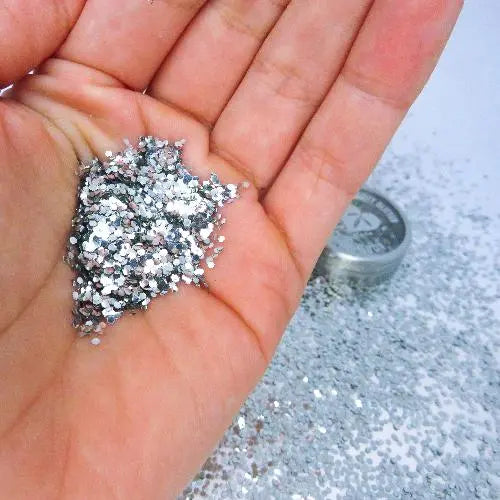 Silver chunky biodegradable glitter for halloween, Christmas and new years eve party makeup