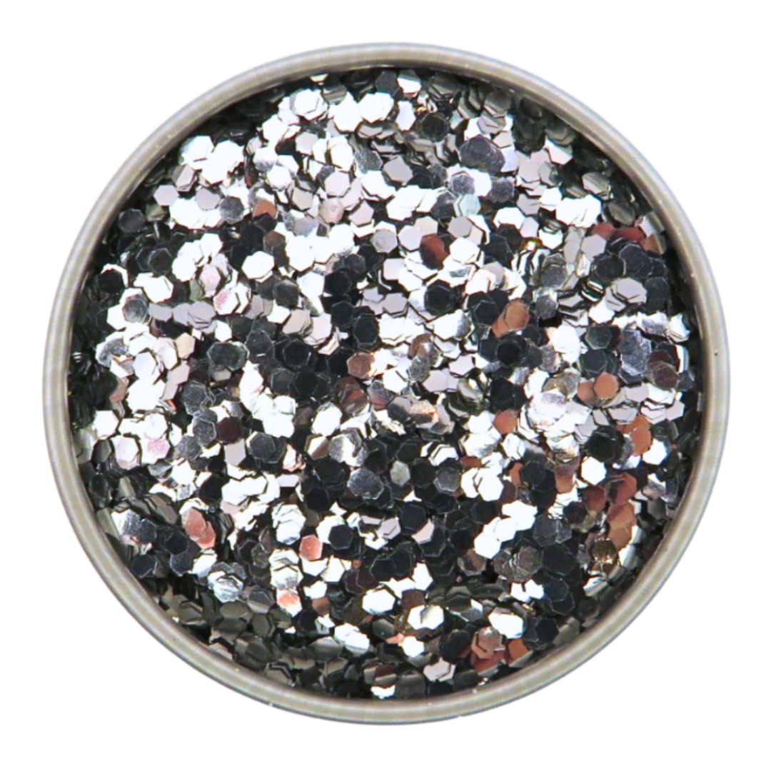 Silver chunky eco friendly glitter in a round aluminium tin