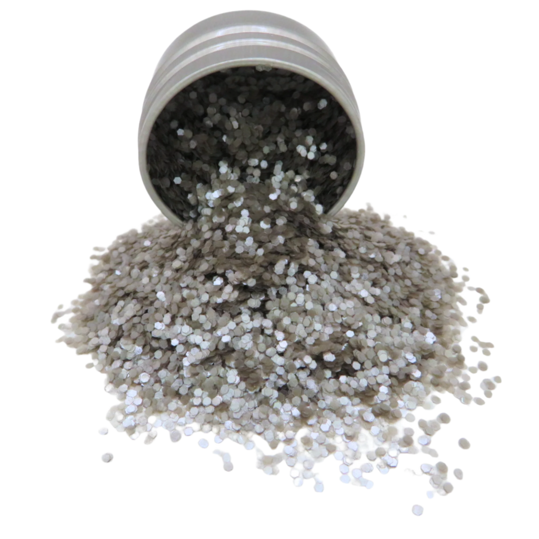 Silver chunky pearlescent eco glitter from the bioglitter pure range. 100% plastic free with a soft shimmer.