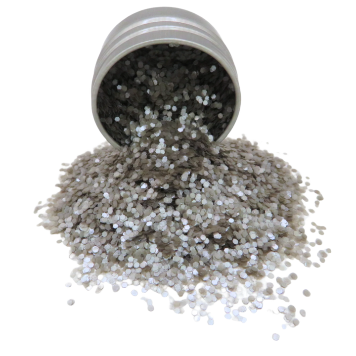 Silver chunky pearlescent eco glitter from the bioglitter pure range. 100% plastic free with a soft shimmer.