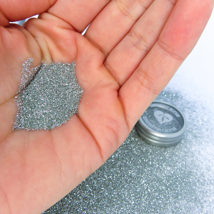 Silver fine biodegradable cosmetic glitter.