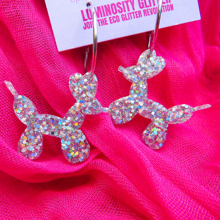 Balloon Dog Glitter Earrings - Silver Holographic