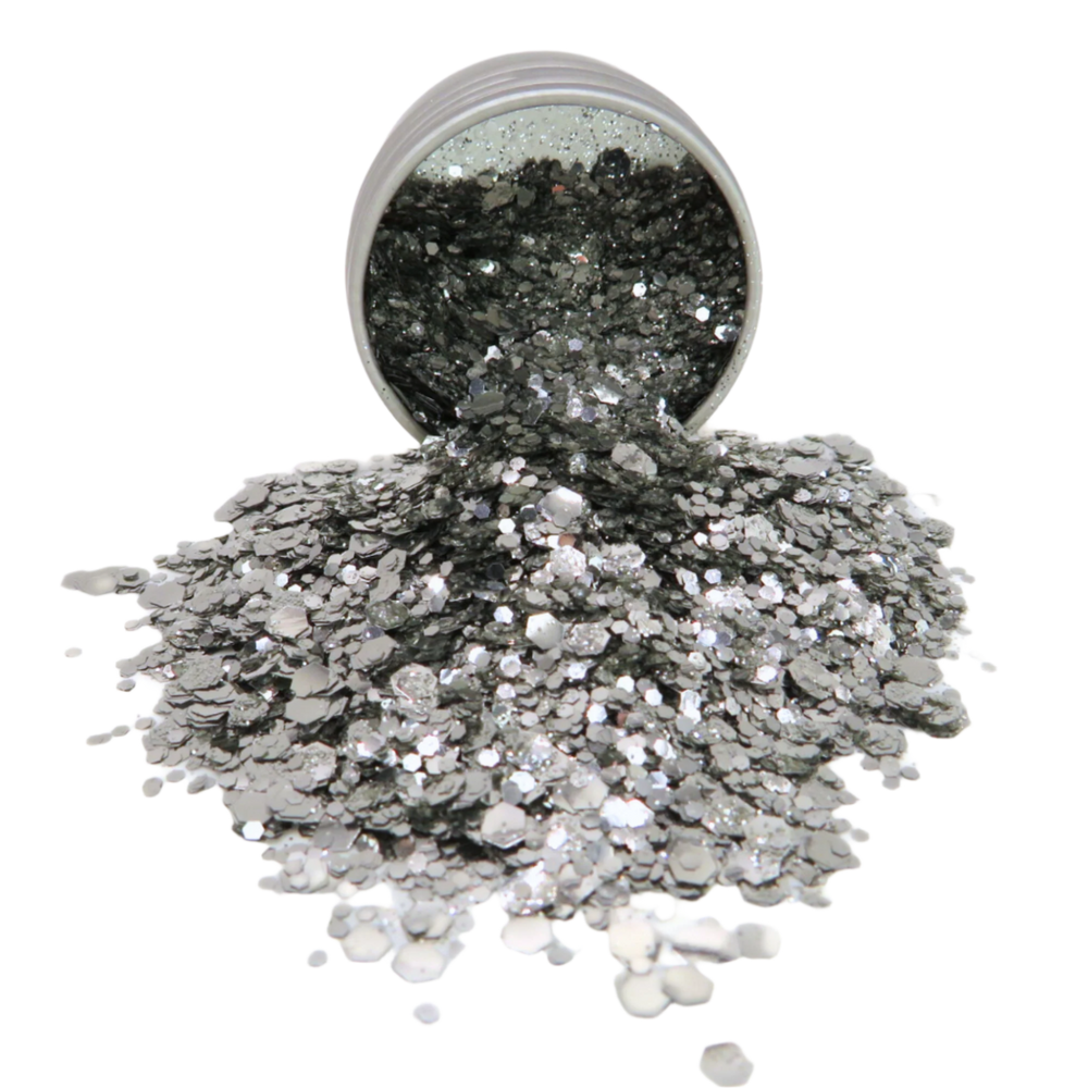 Silver eco glitter makeup blend, made with fine, chunky and super chunky biodegradable glitter flakes.