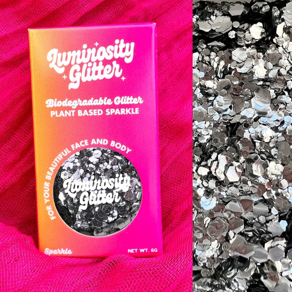 Silver cosmetic grade glitter in bright ombre packaging.