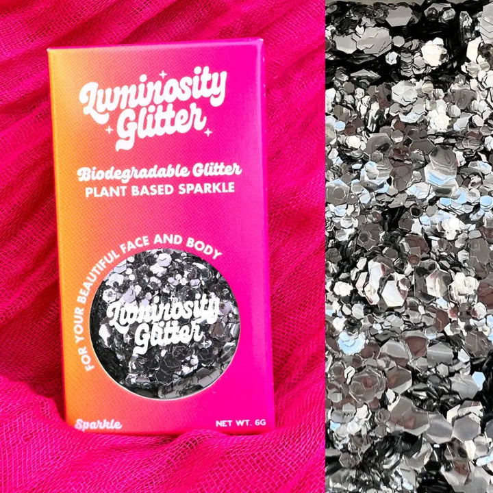 Silver cosmetic grade glitter in bright ombre packaging.