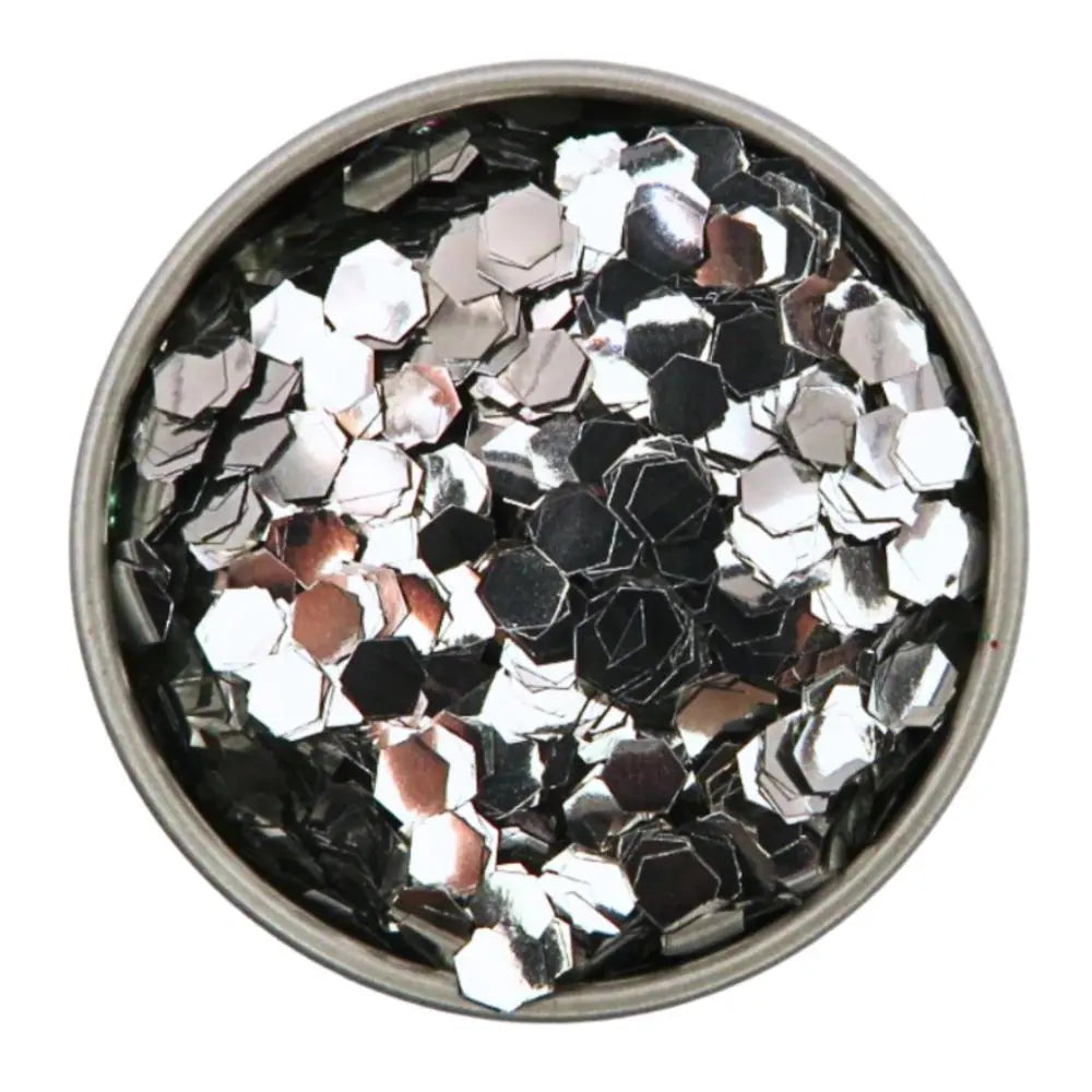 Silver super chunky eco friendly cosmetic glitter in a round aluminium tin.