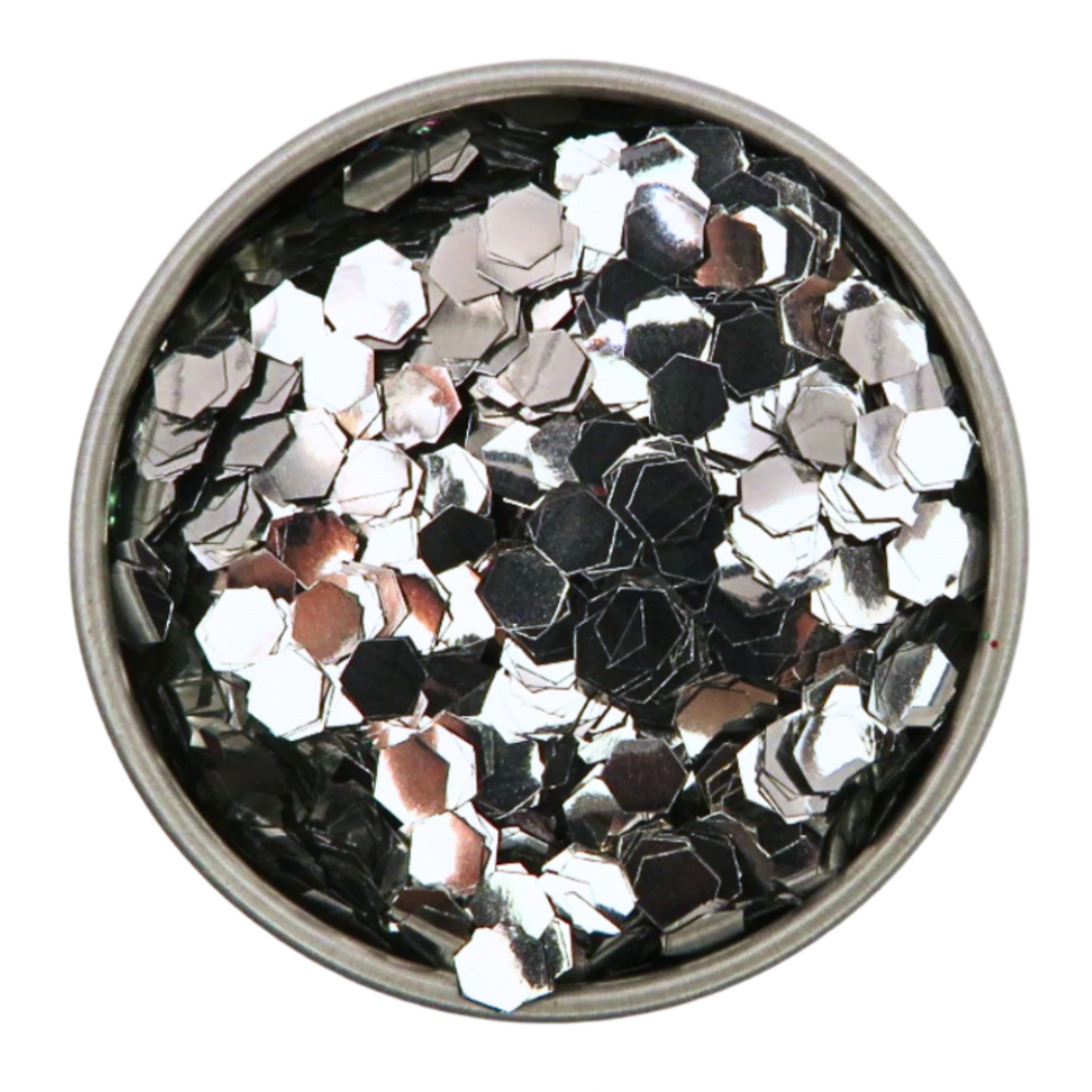 Silver super chunky eco friendly cosmetic glitter in a round aluminium tin.