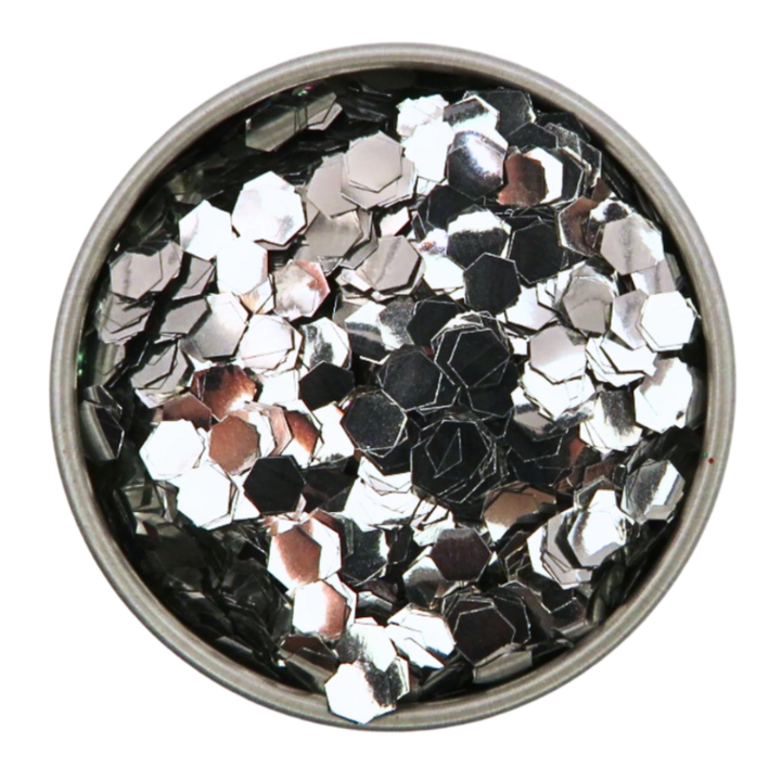 Silver super chunky eco friendly cosmetic glitter in a round aluminium tin.