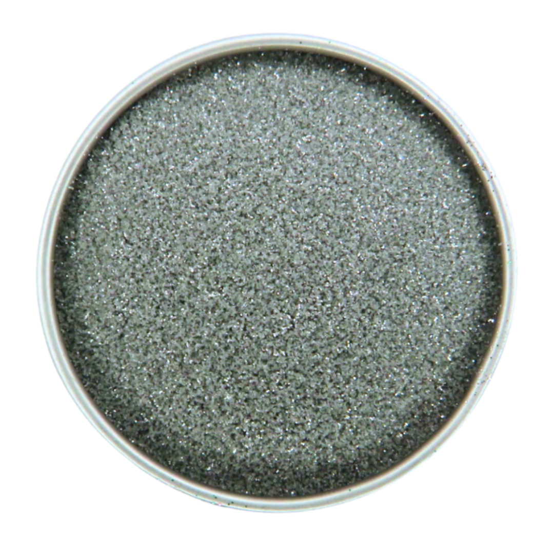 Silver ultra fine eco glitter in a round aluminium pot