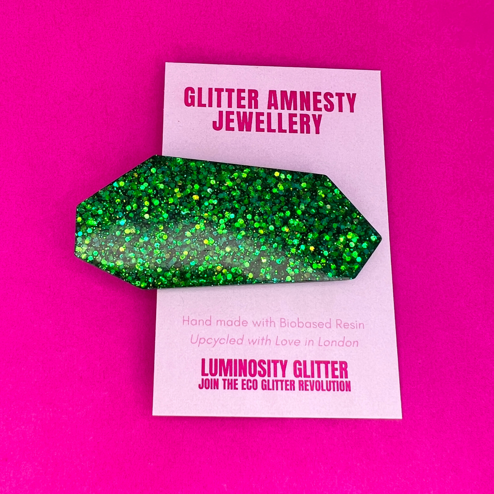 Green single glitter hair clip which has been handmade in London
