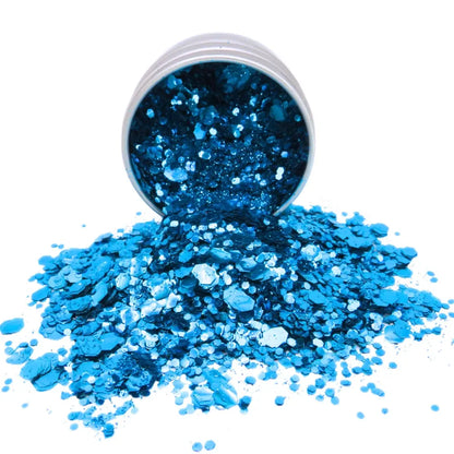 Sky blue biodegradable glitter blend in a 6 gram aluminium pot.