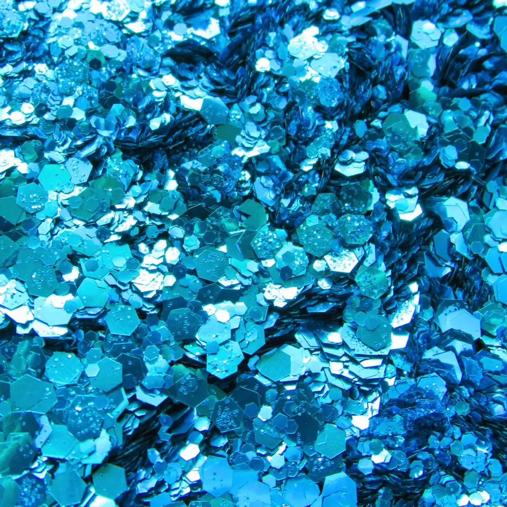 Sky blue bioglitter mix in fine, chunky and super chunky sizing.