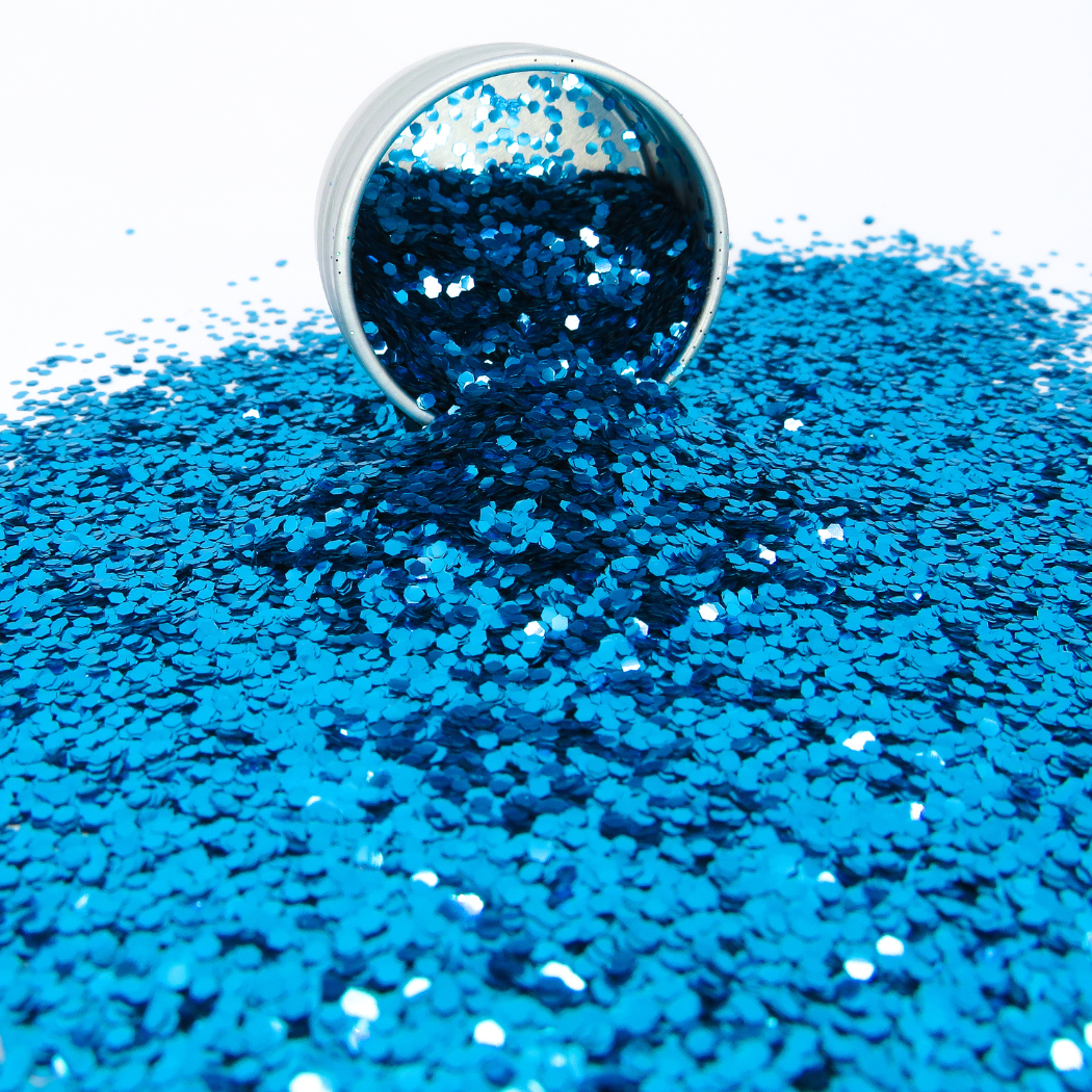 Sky blue chunky biodegradable cosmetic glitter for your face, body, hair and nails.