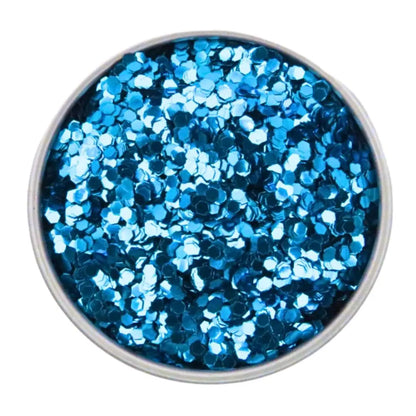 Sky blue chunky biodegradable glitter in a round aluminium pot.