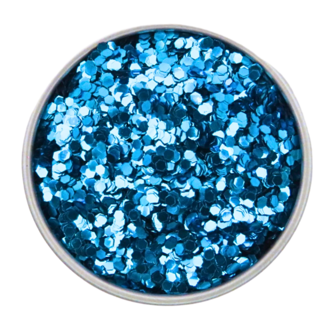 Sky blue chunky biodegradable glitter in a round aluminium pot.