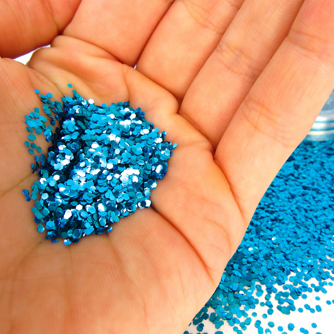 Sky blue chunky glitter for festival space buns and braids.