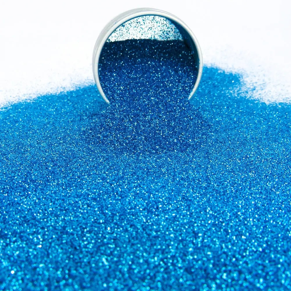 Sky blue fine biodegradable cosmetic glitter.