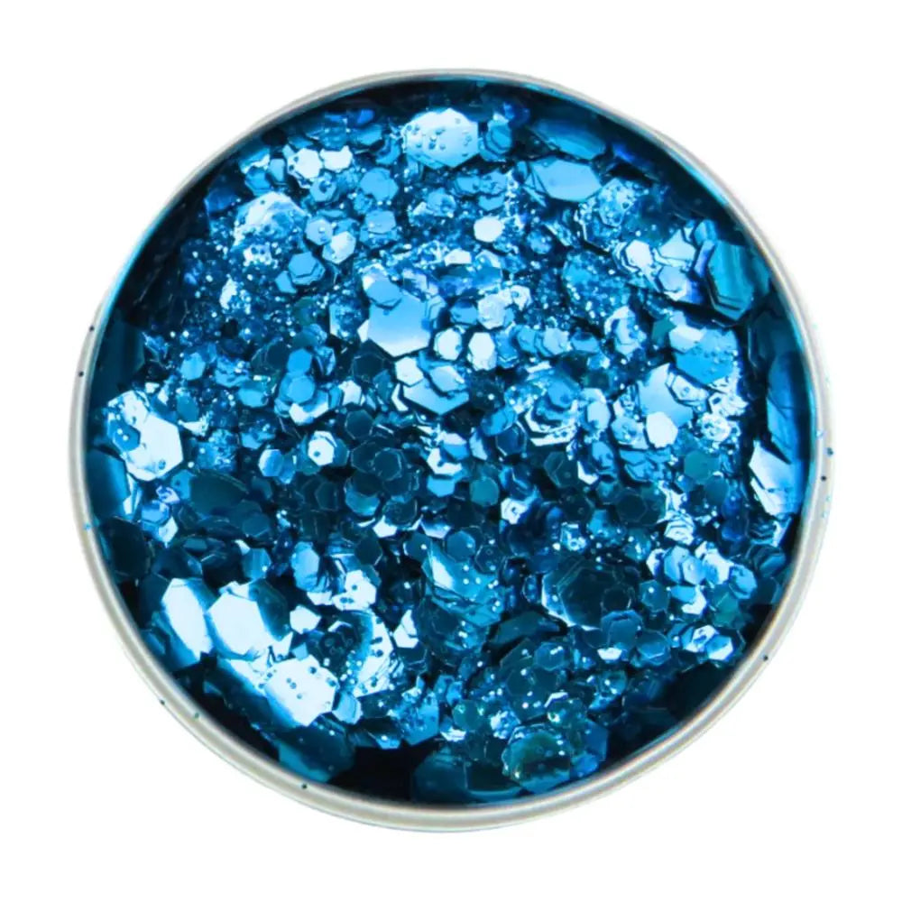 Sky blue blend of fine, chunky and super chunky eco friendly glitter in a 6 gram aluminium pot.