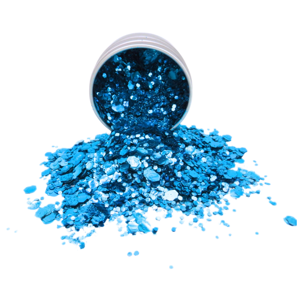 A sky blend biodegradable glitter blend for festival glitter and makeup looks.