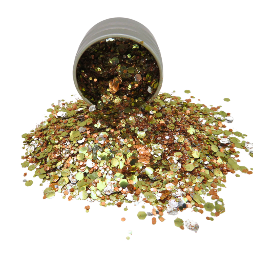 sunset shimmer eco friendly glitter mix, made with orange, gold and silver biodegradable glitter in fine, chunky and super chunky sizing.