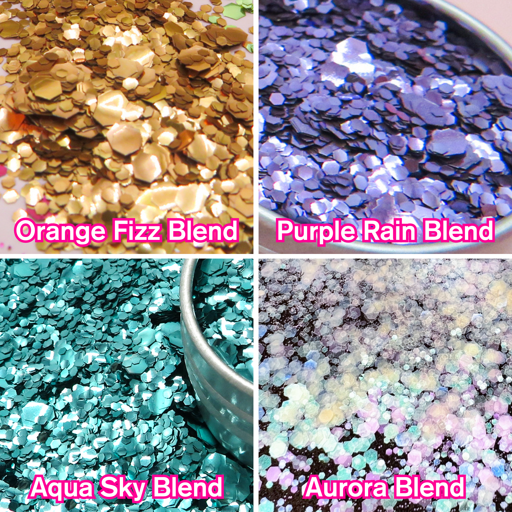 Luminosity Glitter's Super Sparkle Set of biodegradable glitter has orange, purple, turquoise and aurora blends