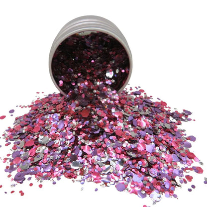 A close up of sweetheart eco friendly glitter mix of pink, purple and silver.