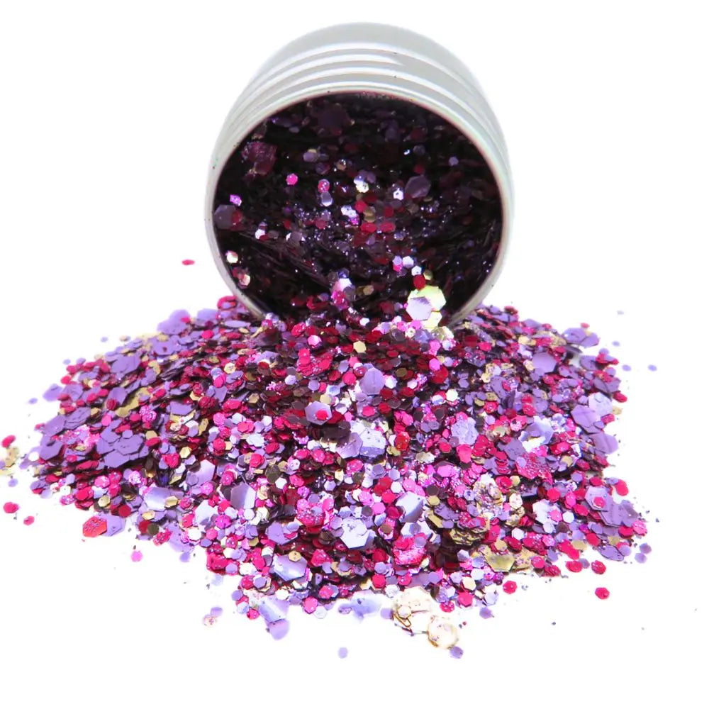 Close up of temptation biodegradable glitter blend made with purple, magenta and rose gold eco friendly glitter.