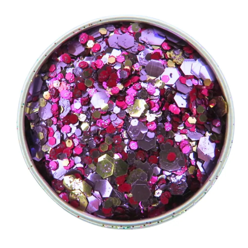 Temptation biodegradable glitter blend has been mixed with purple, rose gold and magenta eco glitter shades in a 6 gram aluminium pot.