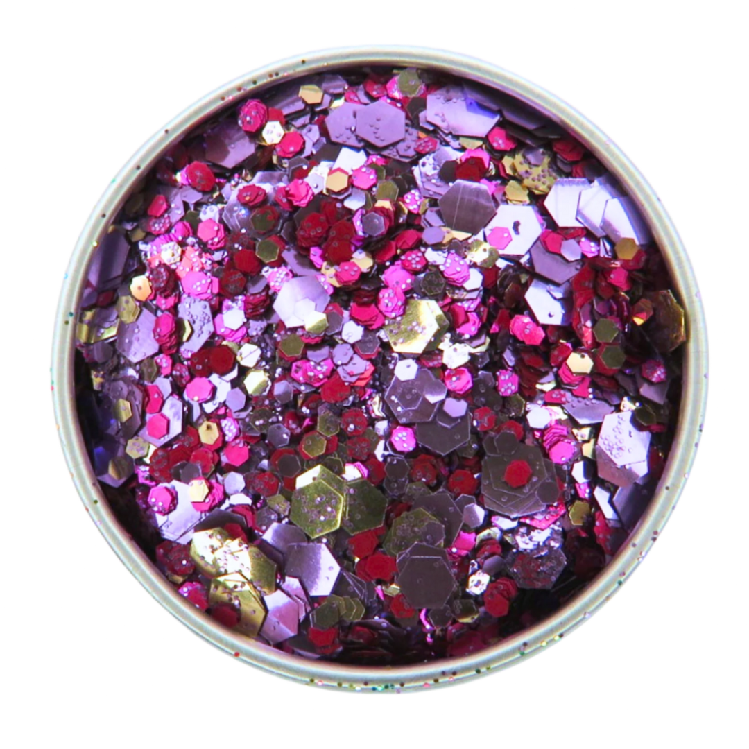 Temptation biodegradable glitter blend has been mixed with purple, rose gold and magenta eco glitter shades in a 6 gram aluminium pot.