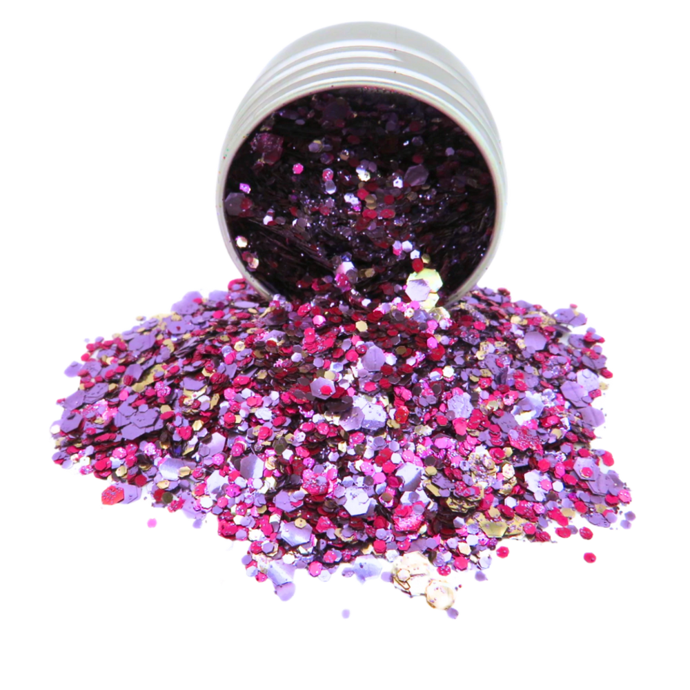 Temptation eco glitter spilling out of a 10ml aluminium pot.