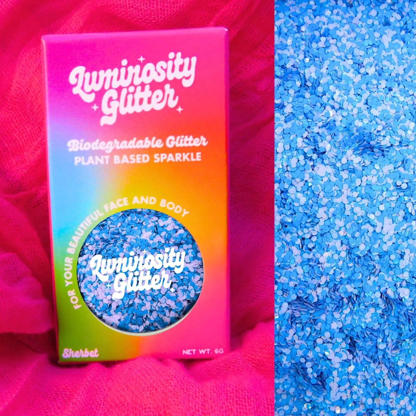 Tranquility blue and purple shade of vivid eco friendly bright glitter for use on your face, body, nails and hair.