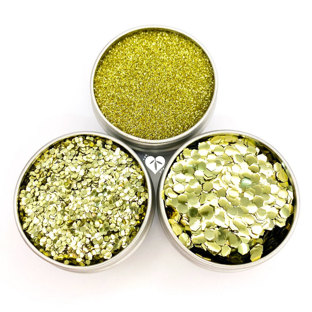trio of gold eco friendly cosmetic glitter in fine, chunky and ultra chunky sizing