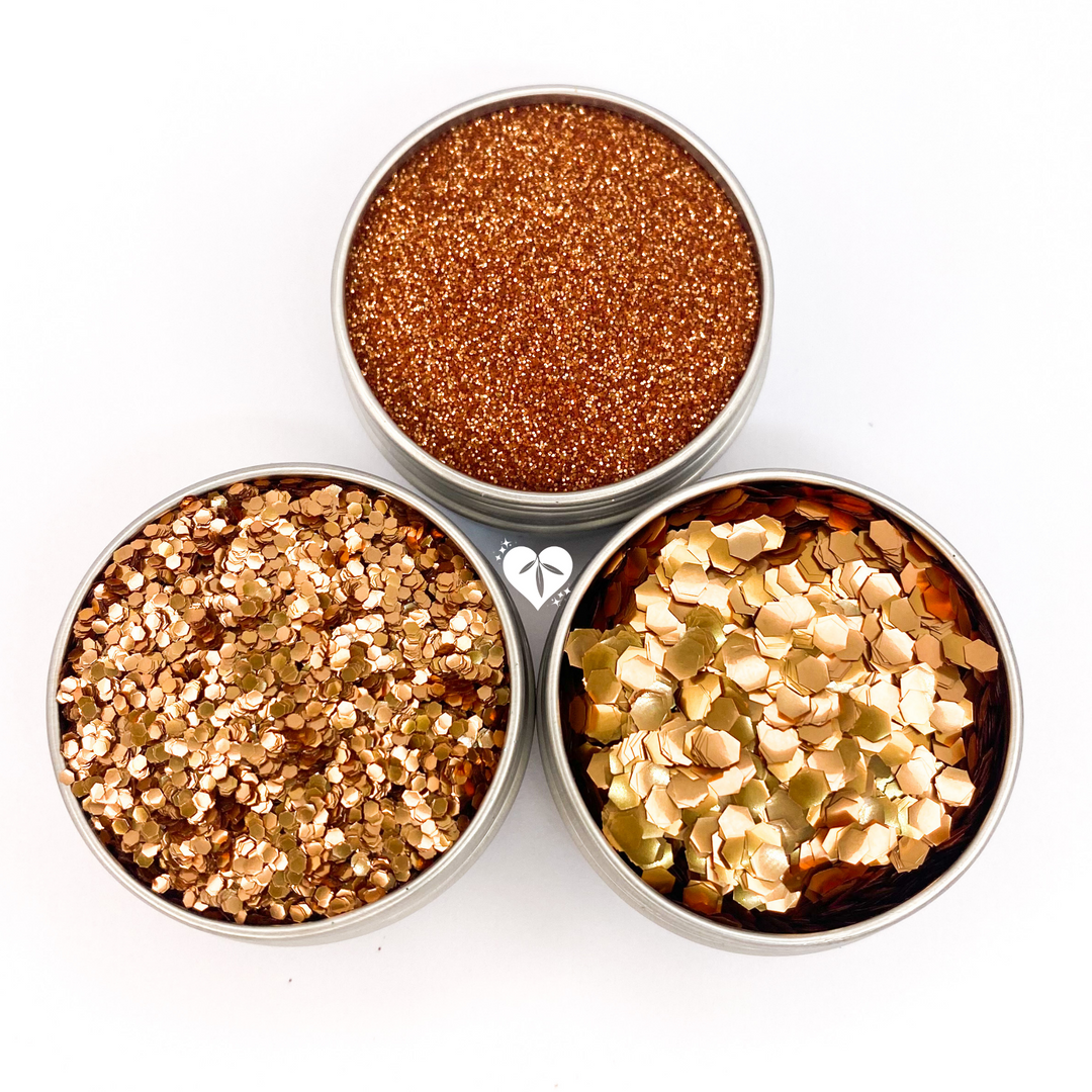 a trio of fine, chunky and ultra chunky biodegradable cosmetic glitter