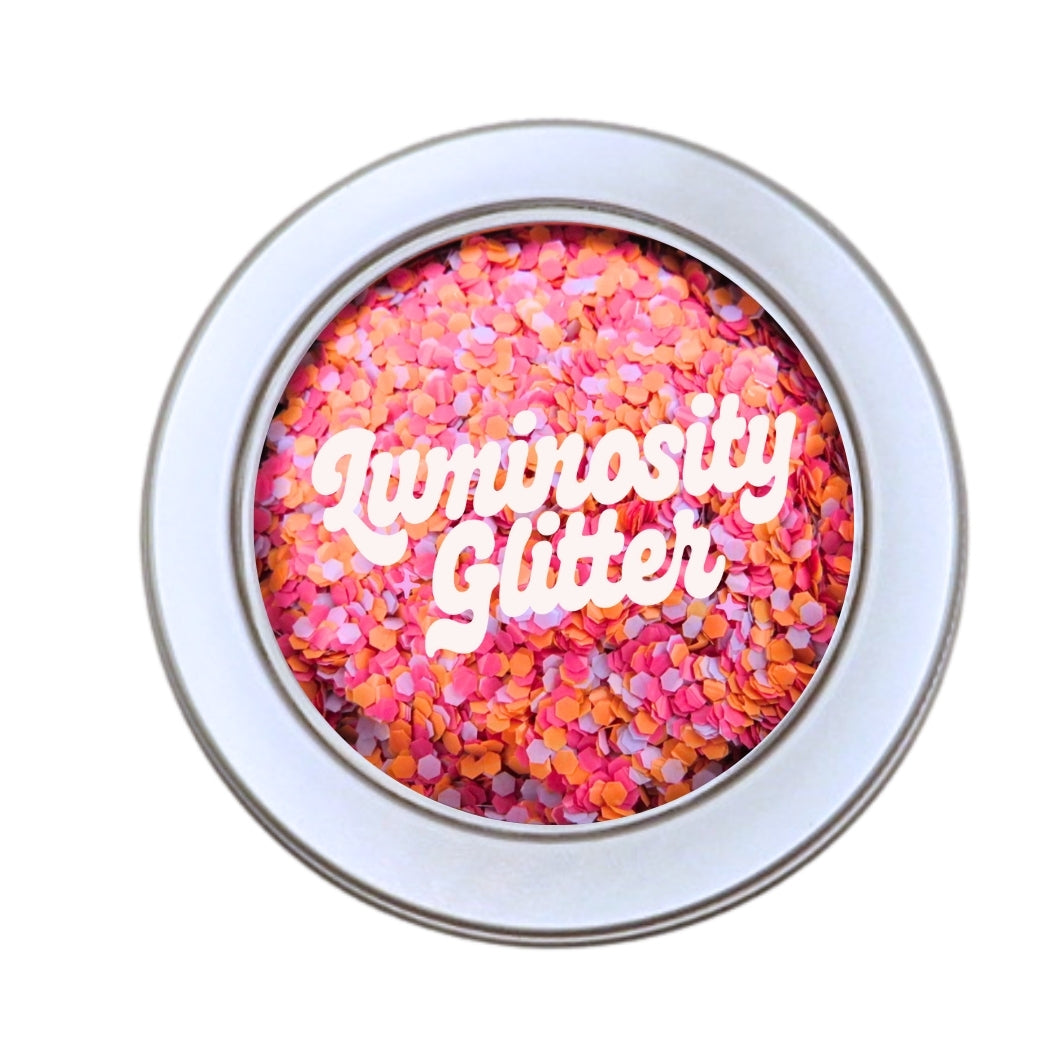 Tropical sands opaque bioglitter is a blend of pink, orange and lilac glitter. Chunky sized biodegradable glitter.