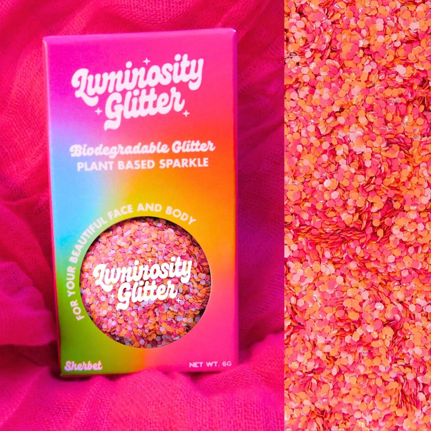 Tropical sands vibrant blend of pink, purple and neon orange eco friendly glitter. Eco glitter in bright neon shades for use on your face, body, hair and nails.