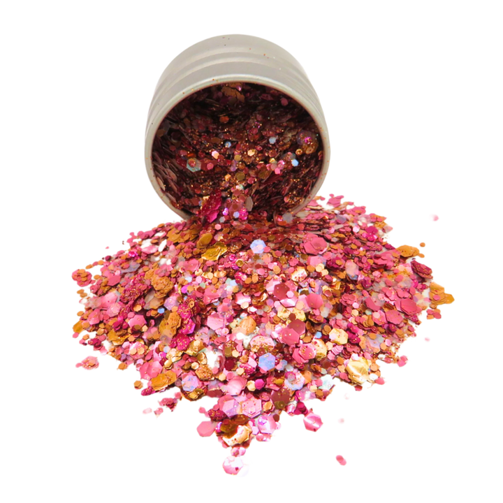 Tropical tango eco glitter mix of orange, pink and magenta.